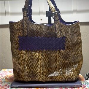 Bottega Veneta Brown and Purple Tote with real snakeskin
